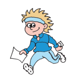 Smilende gutt som løper med kart og kompass i hånda. Tegnet.