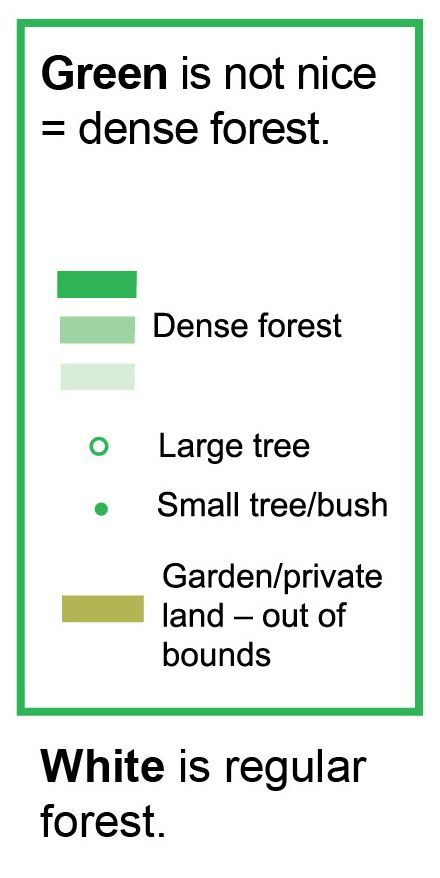 Green symbols: Dense forest, large tree, small tree/bush, garden/yard – forbidden area
