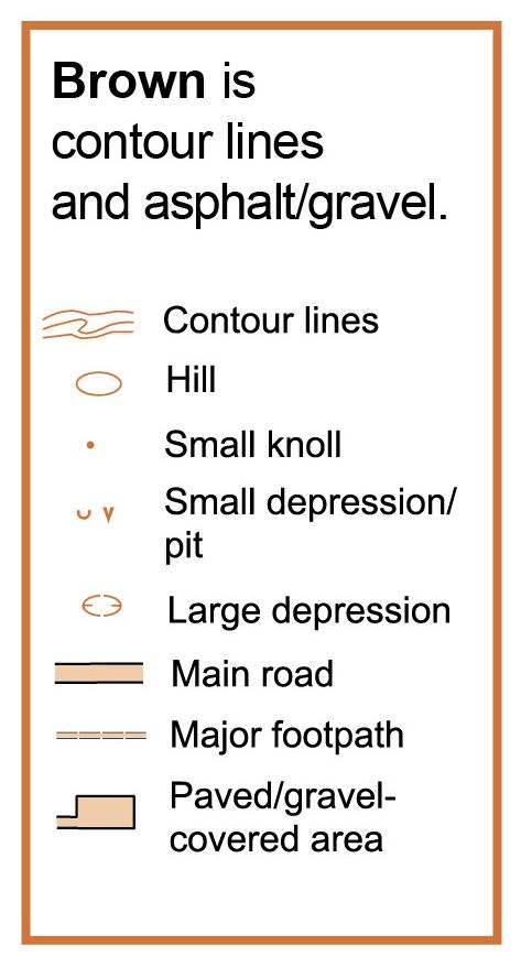 Brown symbols: Contour lines, hills, knolls, small pits, large pit, main roads, paths, asphalt/gravel areas