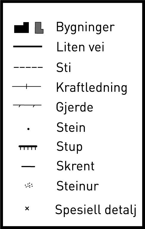 Svarte karttegn: Bygninger, Liten vei, Sti, Kraftledning, Gjerde, Stein, Stup, Skrent, Steinur, Spesiell detalj