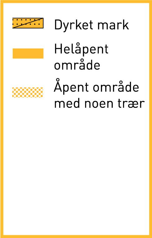 Gule karttegn: Dyrket mark, Helåpent område, Åpent område med noen trær