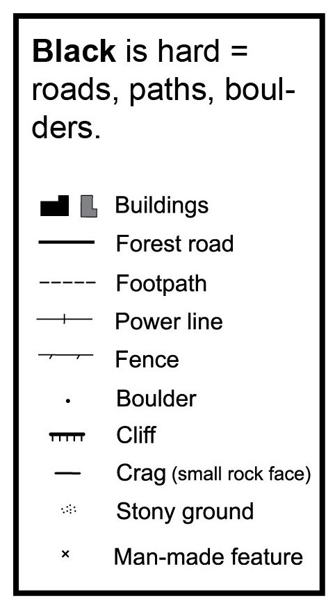 Black symbols: Buildings, forest road, footpath, power line, fence, boulder, cliff, crag, stony ground, man-made feature