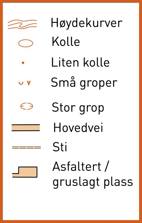 Brune karttegn: Høydekurver, Kolle, Liten kolle, Små groper, Stor grop, Hovedvei, Sti, Asfaltert / gruslagt plass