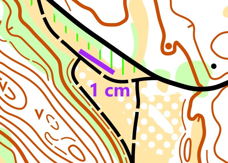 Kartbilde med en lilla strek og teksten 1cm