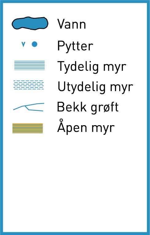 Blå karttegn: Vann, Pytter, Tydelig myr, Utydelig myr, Bekk grøft, Åpen myr