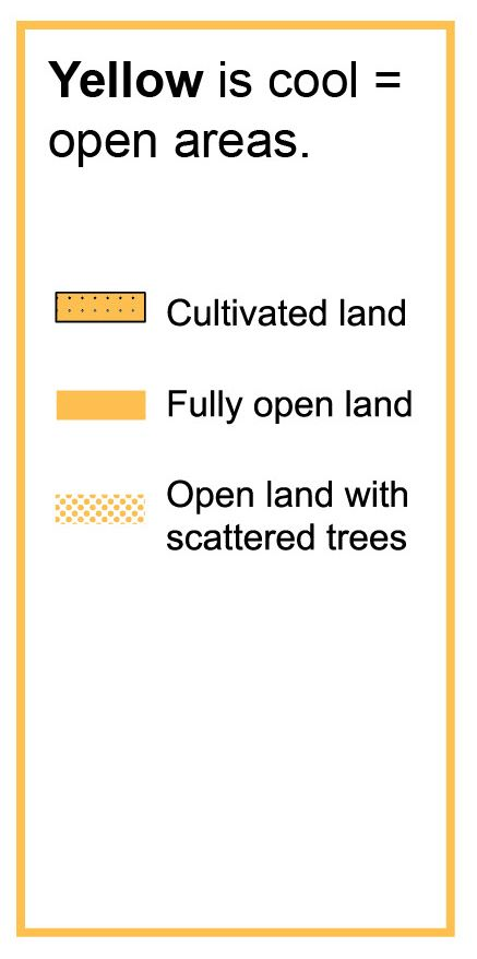 Yellow symbols: Cultivated land, fully open area, open area with some trees